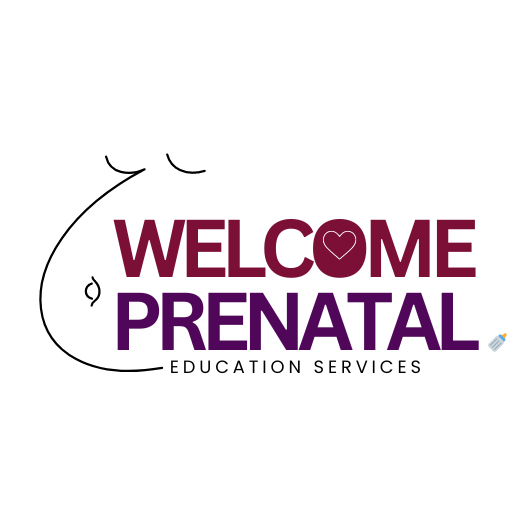 Welcome Prenatal logo with the words Welcome Prenatal Education Services in the center that features an outlined sketch of a mother's belly and breast and a small baby bottle on the right hand side.