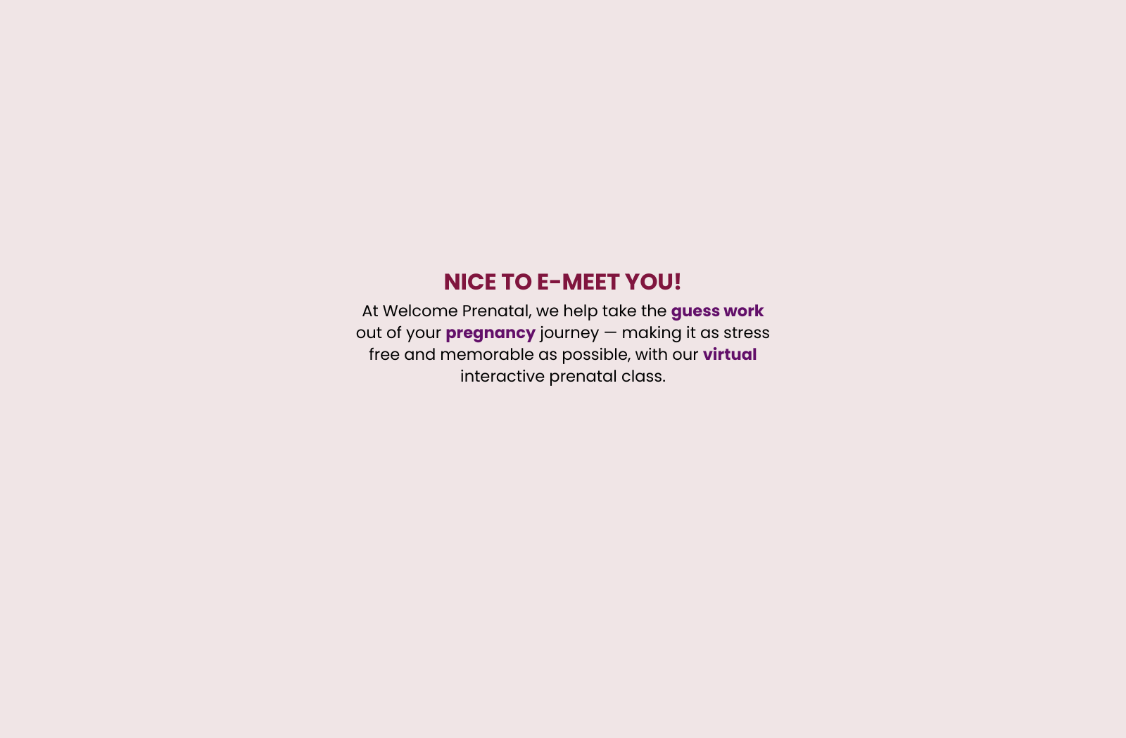 Welcome Prenatal homepage banner saying nice to e-meet you! with additional text.